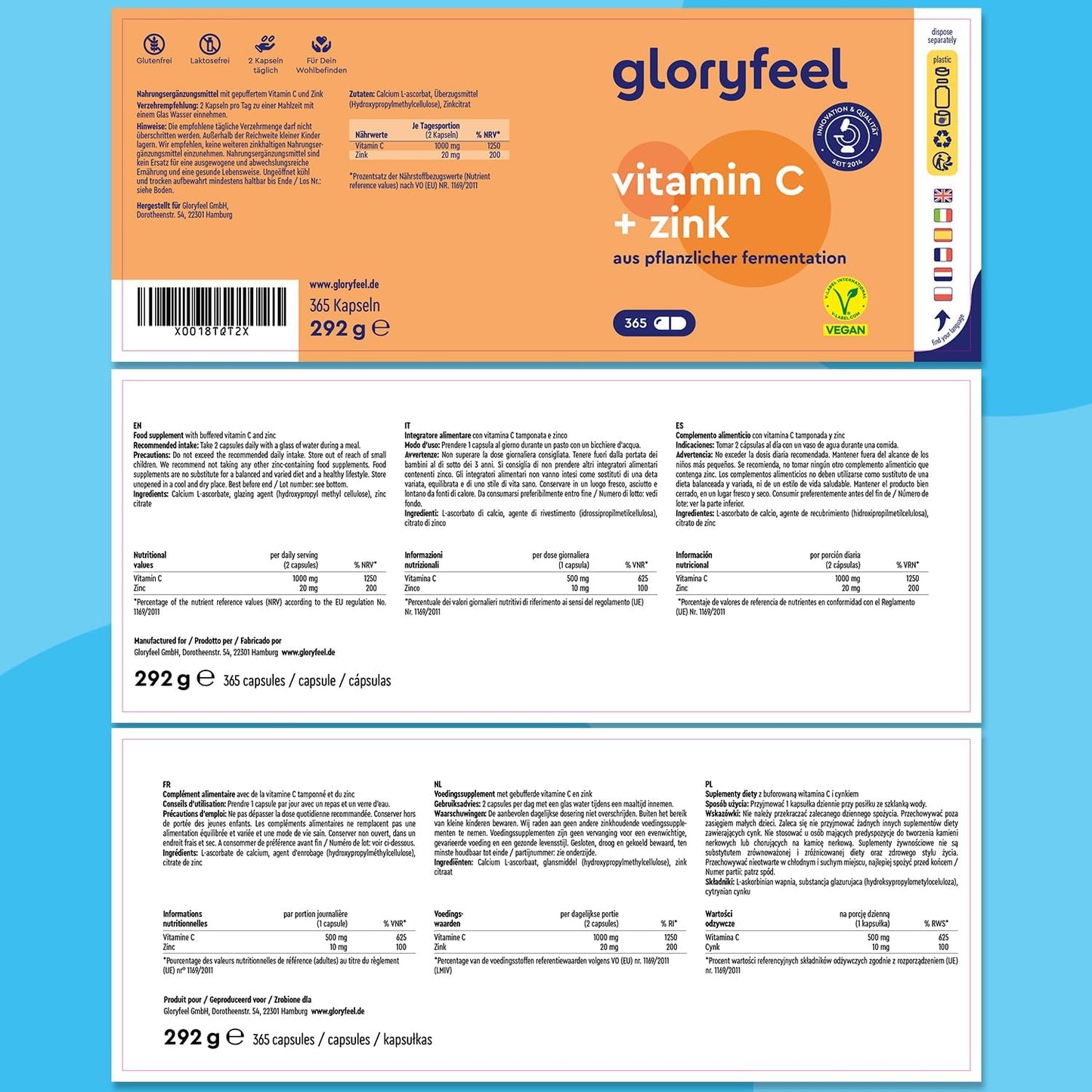 Vitamina C + Zinc - 365 Cápsulas - 1000Mg Vitamina C + 20Mg Zinc - Apoya El Sistema Inmunológico Y Reducen La Fatiga - Vitamina C Tamponada Con Protección Gástrica Y Ph Neutro - 100% Vegano