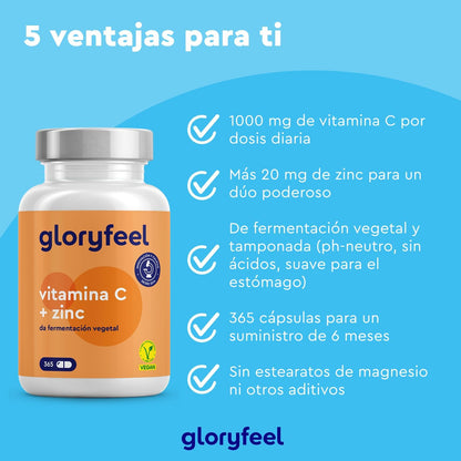 Vitamina C + Zinc - 365 Cápsulas - 1000Mg Vitamina C + 20Mg Zinc - Apoya El Sistema Inmunológico Y Reducen La Fatiga - Vitamina C Tamponada Con Protección Gástrica Y Ph Neutro - 100% Vegano